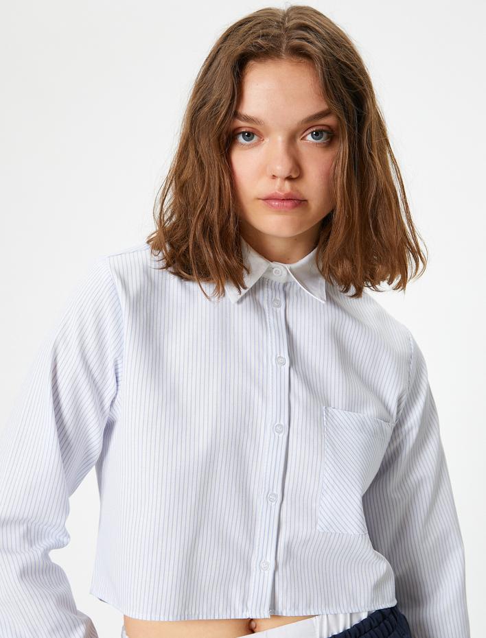  Crop Gömlek Poplin Uzun Kollu Cep Detaylı Klasik Yaka