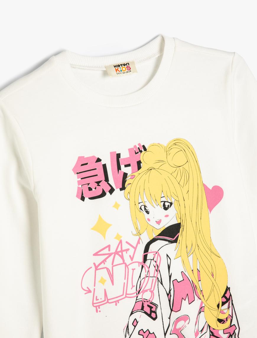  Kız Çocuk Sweatshirt Anime Baskılı Bisiklet Yaka Uzun Kollu Pamuklu