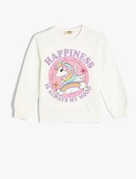Sweatshirt Unicorn Baskılı Bisiklet Yaka Uzun Kollu Pamuklu Şardonlu
