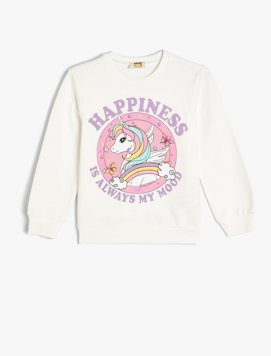  Kız Çocuk Sweatshirt Unicorn Baskılı Bisiklet Yaka Uzun Kollu Pamuklu Şardonlu