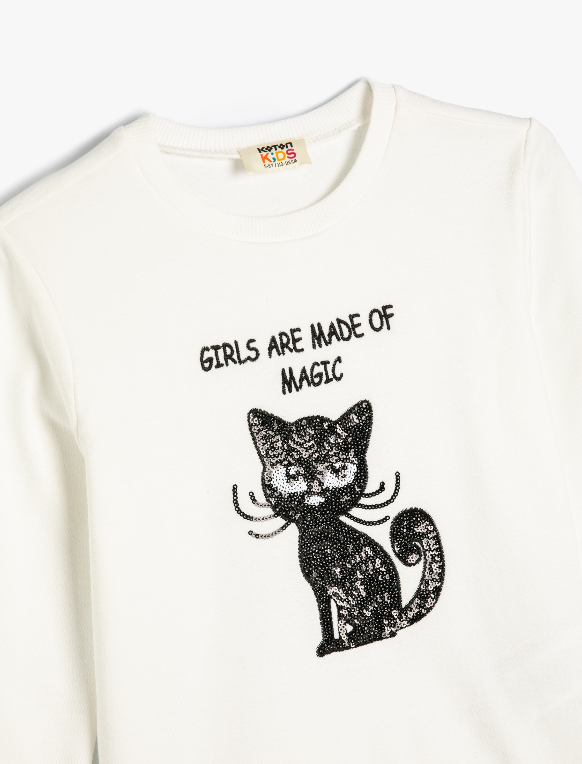  Kız Çocuk Sweatshirt Kedi Baskılı Bisiklet Yaka Uzun Kollu Pamuklu Şardonlu