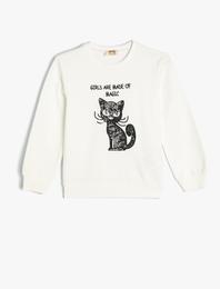 Sweatshirt Kedi Baskılı Bisiklet Yaka Uzun Kollu Pamuklu