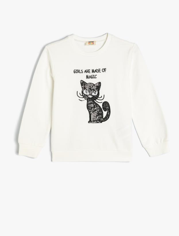 Sweatshirt Kedi Baskılı Bisiklet Yaka Uzun Kollu Pamuklu_0