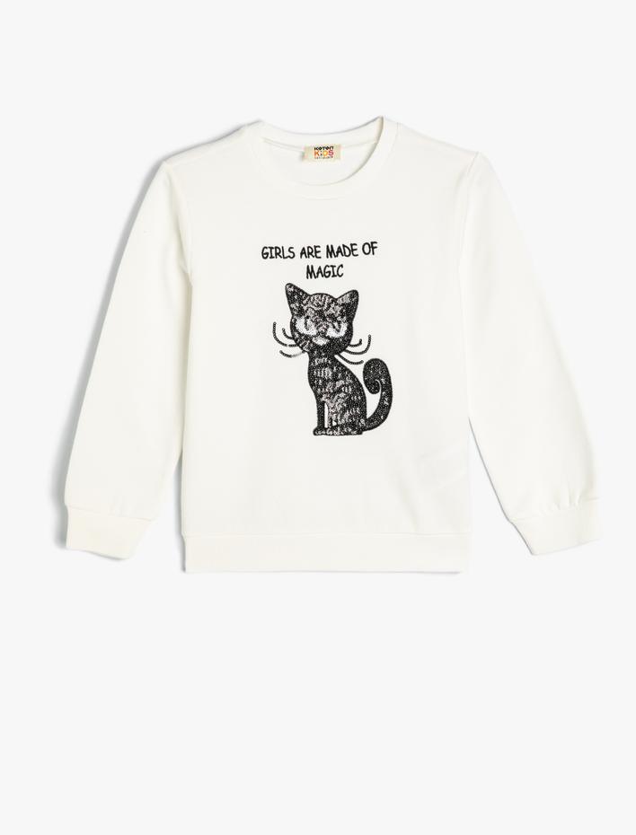 Kız Çocuk Sweatshirt Kedi Baskılı Bisiklet Yaka Uzun Kollu Pamuklu