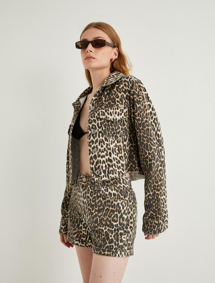  Mini Kot Şort Leopar Desenli Yüksek Bel Düğmeli