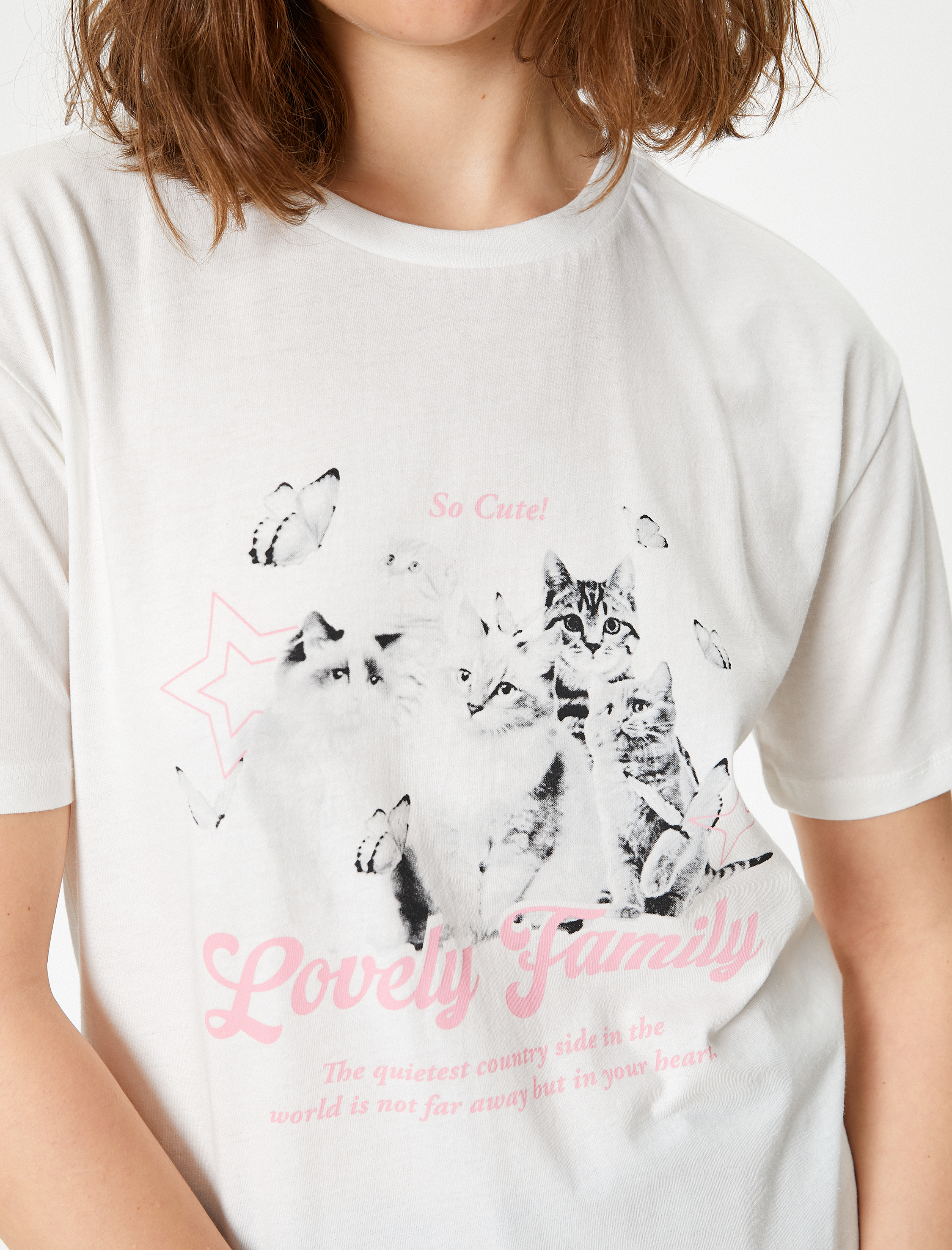   Kedi Baskılı Tişört Bisiklet Yaka Oversize Kısa Kollu Pamuklu