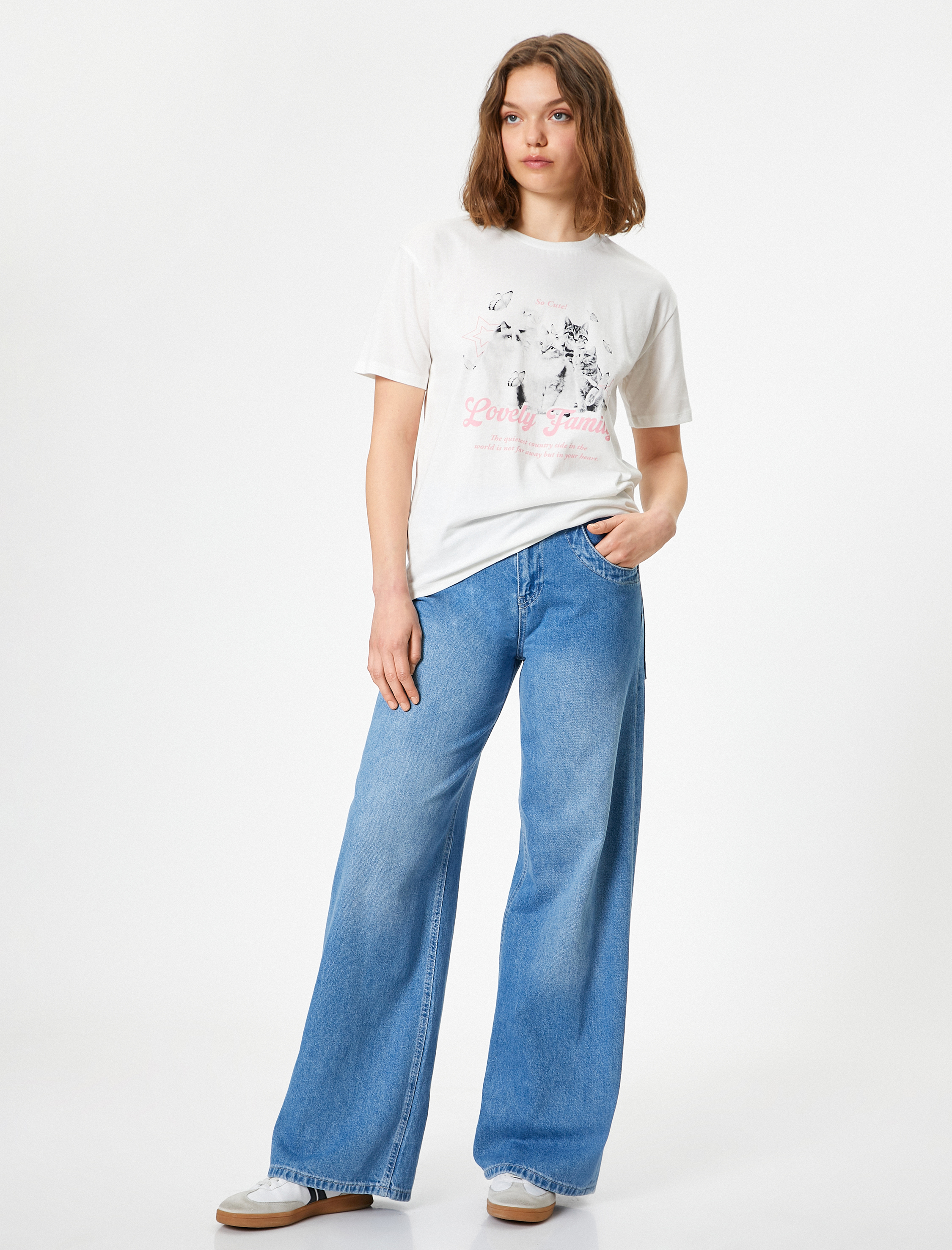 Koton Kadın Kedi Baskılı T-Shirt Bisiklet Yaka Oversize Kısa Kollu Pamuklu
