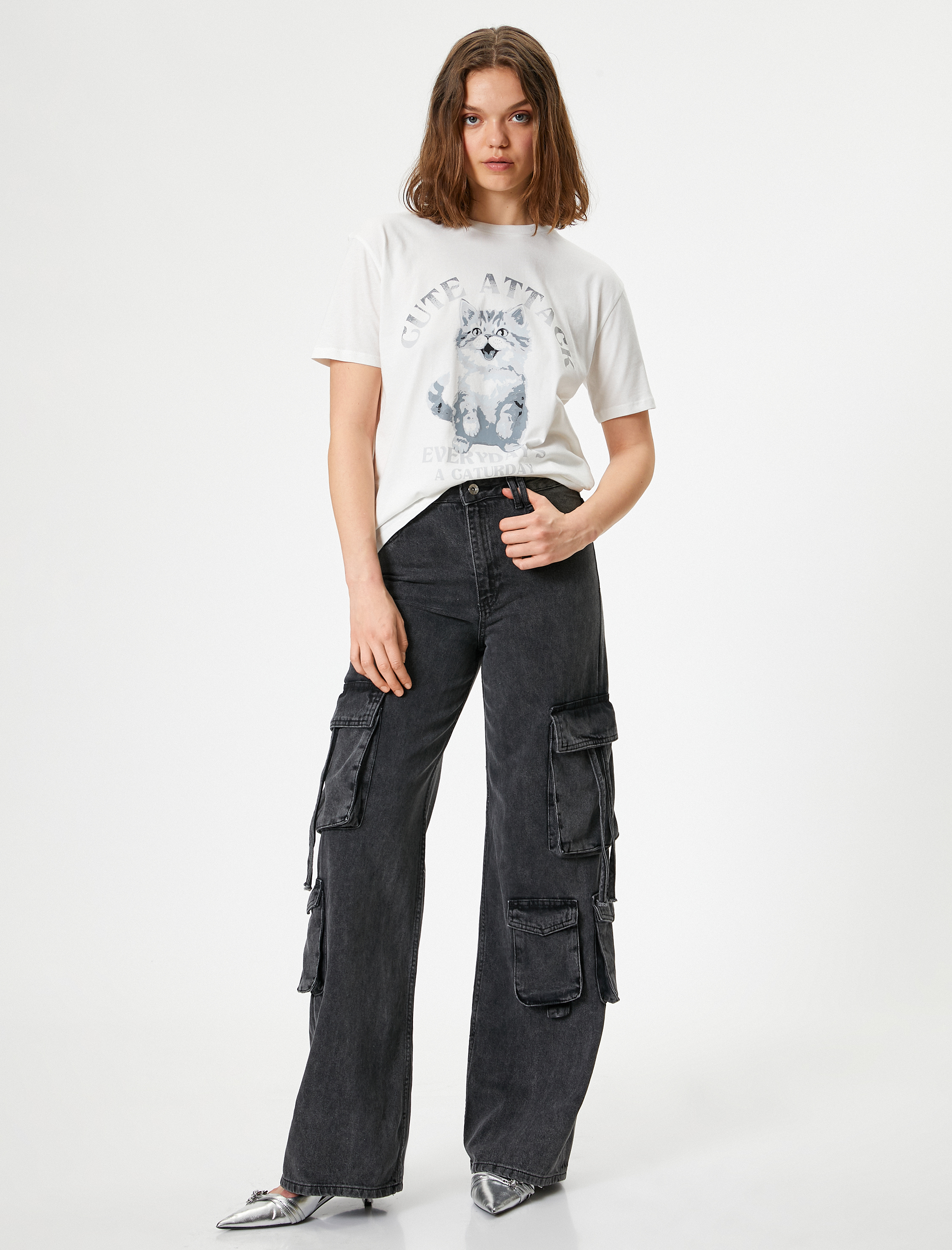   Kedi Baskılı Tişört Bisiklet Yaka Oversize Kısa Kollu Pamuklu