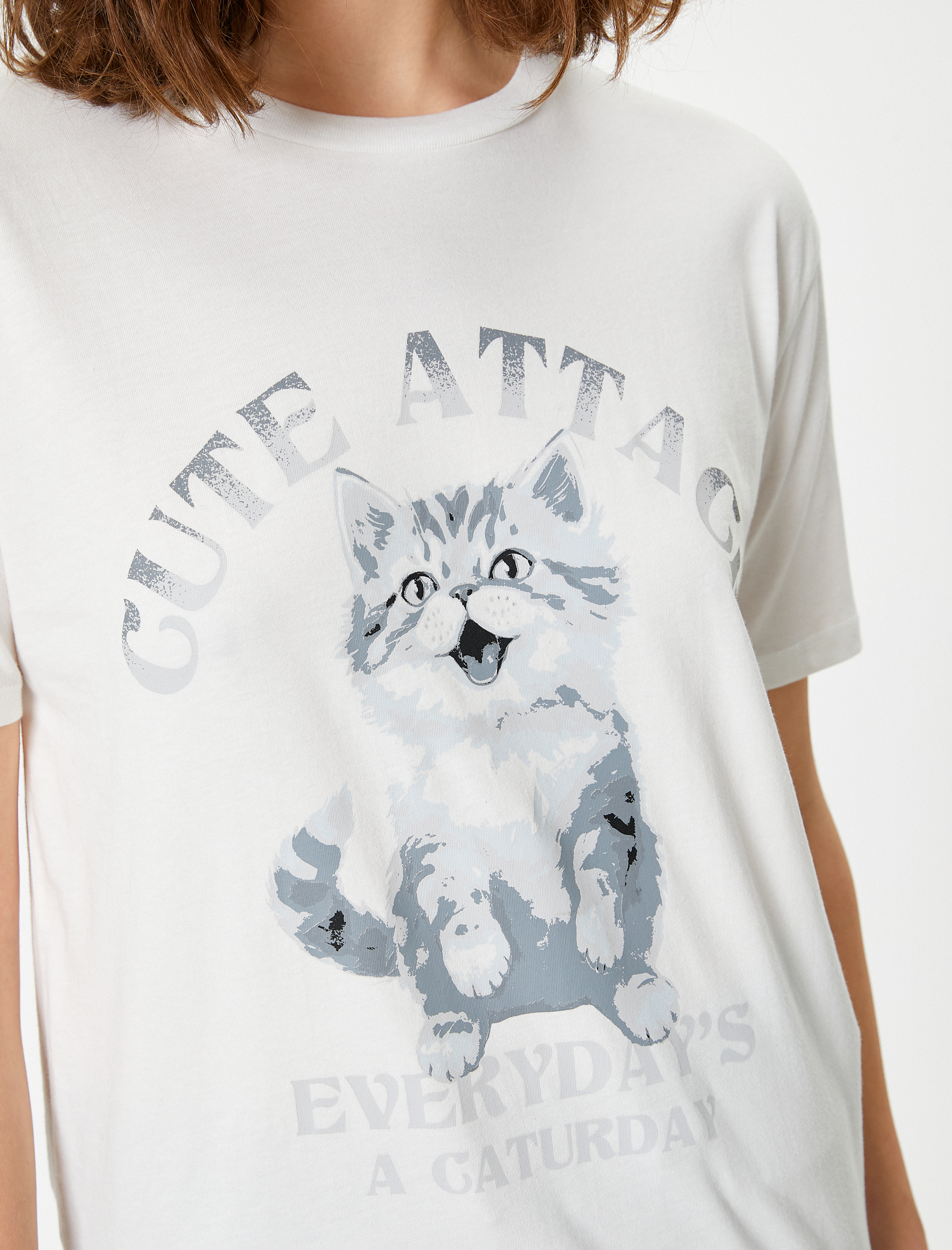   Kedi Baskılı Tişört Bisiklet Yaka Oversize Kısa Kollu Pamuklu