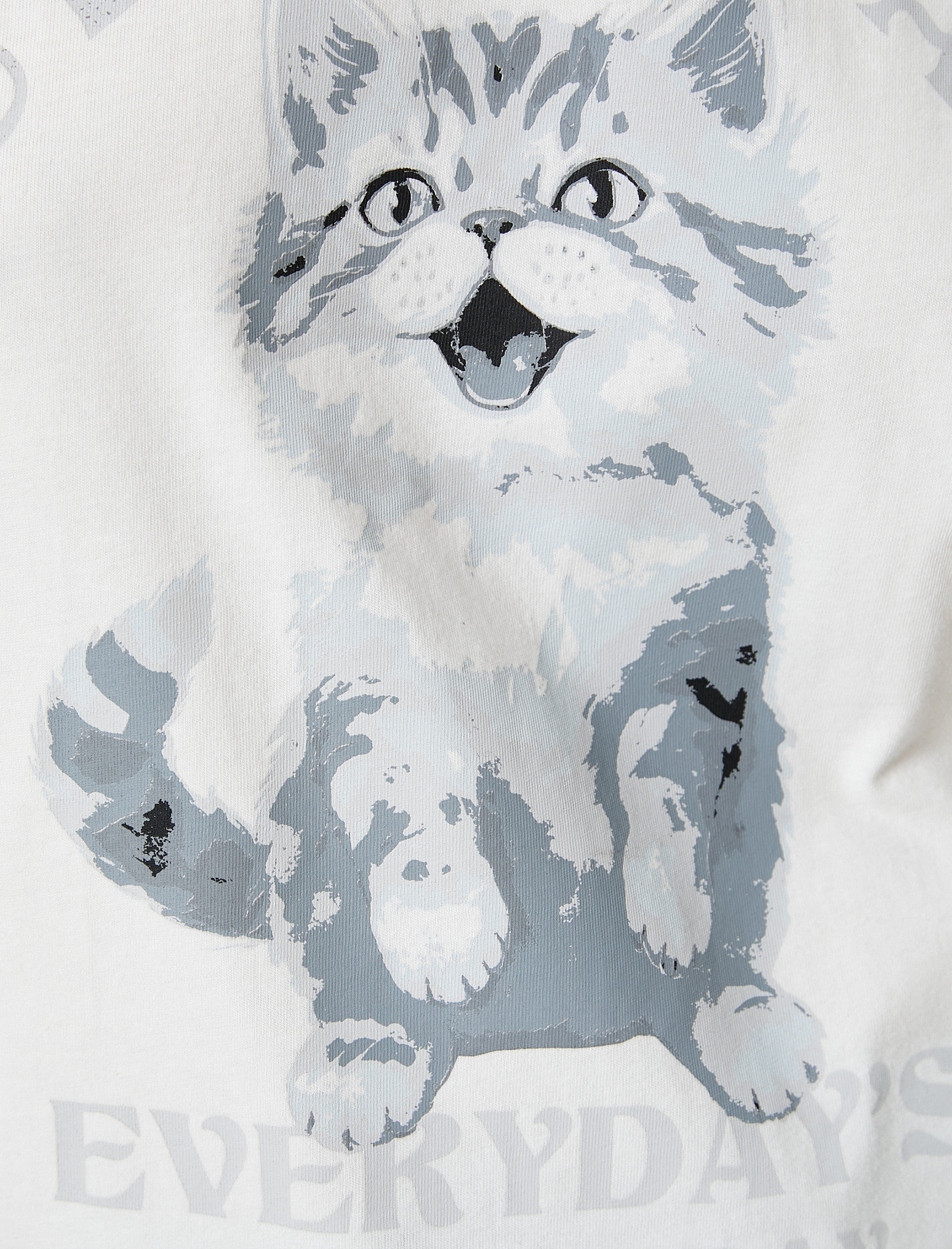   Kedi Baskılı Tişört Bisiklet Yaka Oversize Kısa Kollu Pamuklu