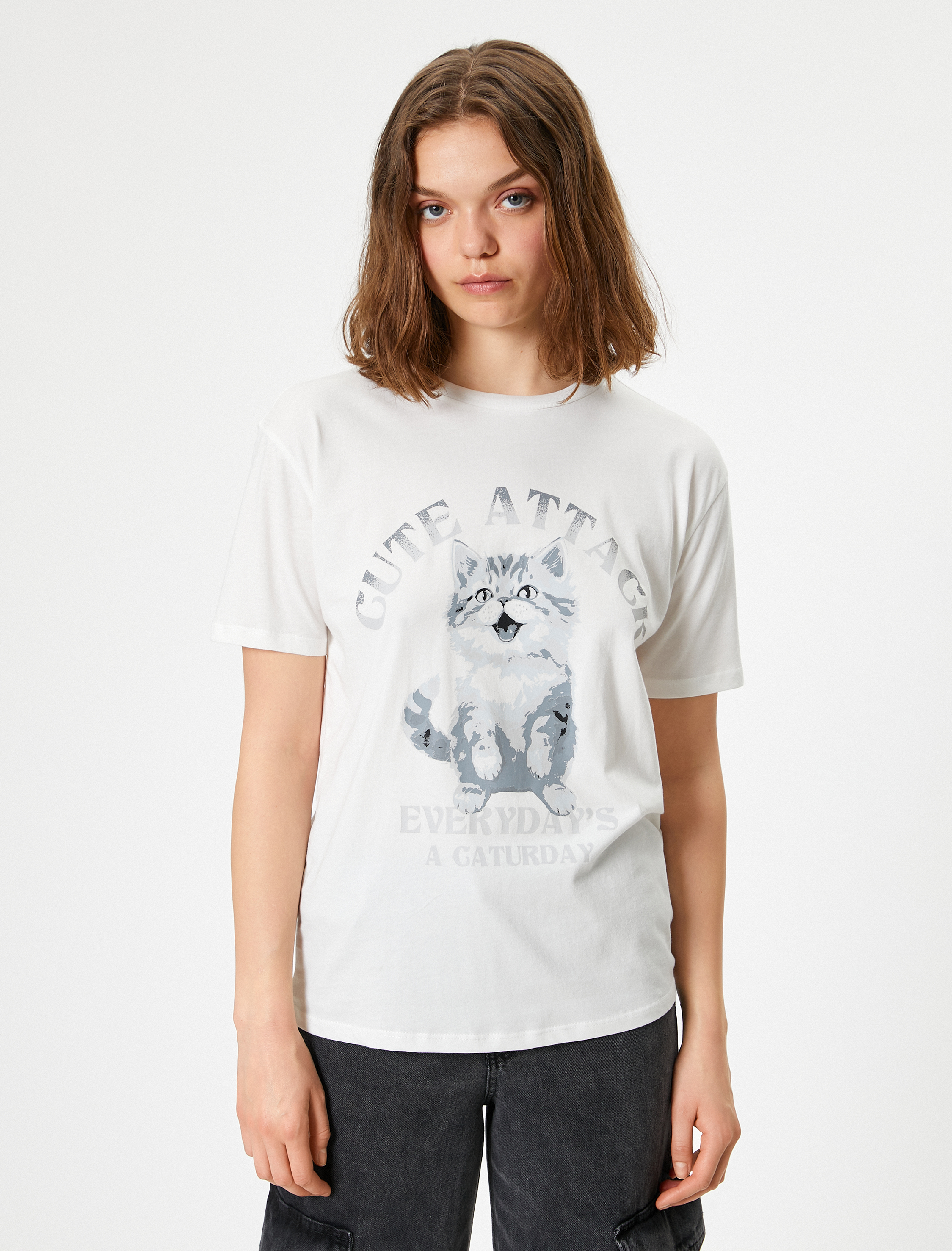   Kedi Baskılı Tişört Bisiklet Yaka Oversize Kısa Kollu Pamuklu