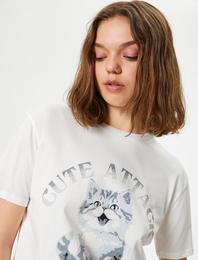 Kedi Baskılı Tişört Bisiklet Yaka Oversize Kısa Kollu Pamuklu