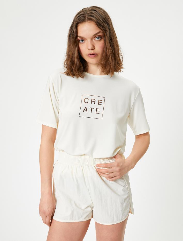  Spor Tişört Slogan Baskılı Bisiklet Yaka Kısa Kollu Oversize