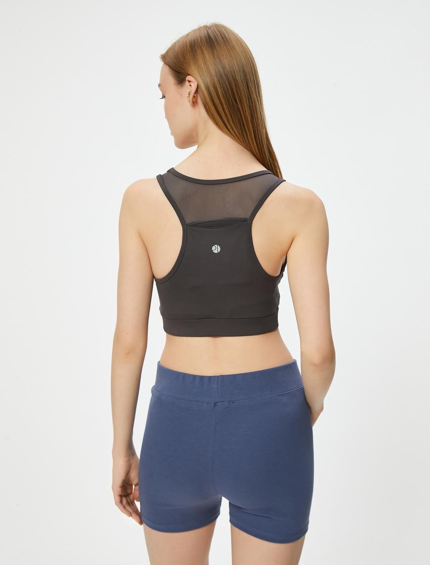   Tül Detaylı Sporcu Sütyeni Halter Yaka Kaplı Slim Fit