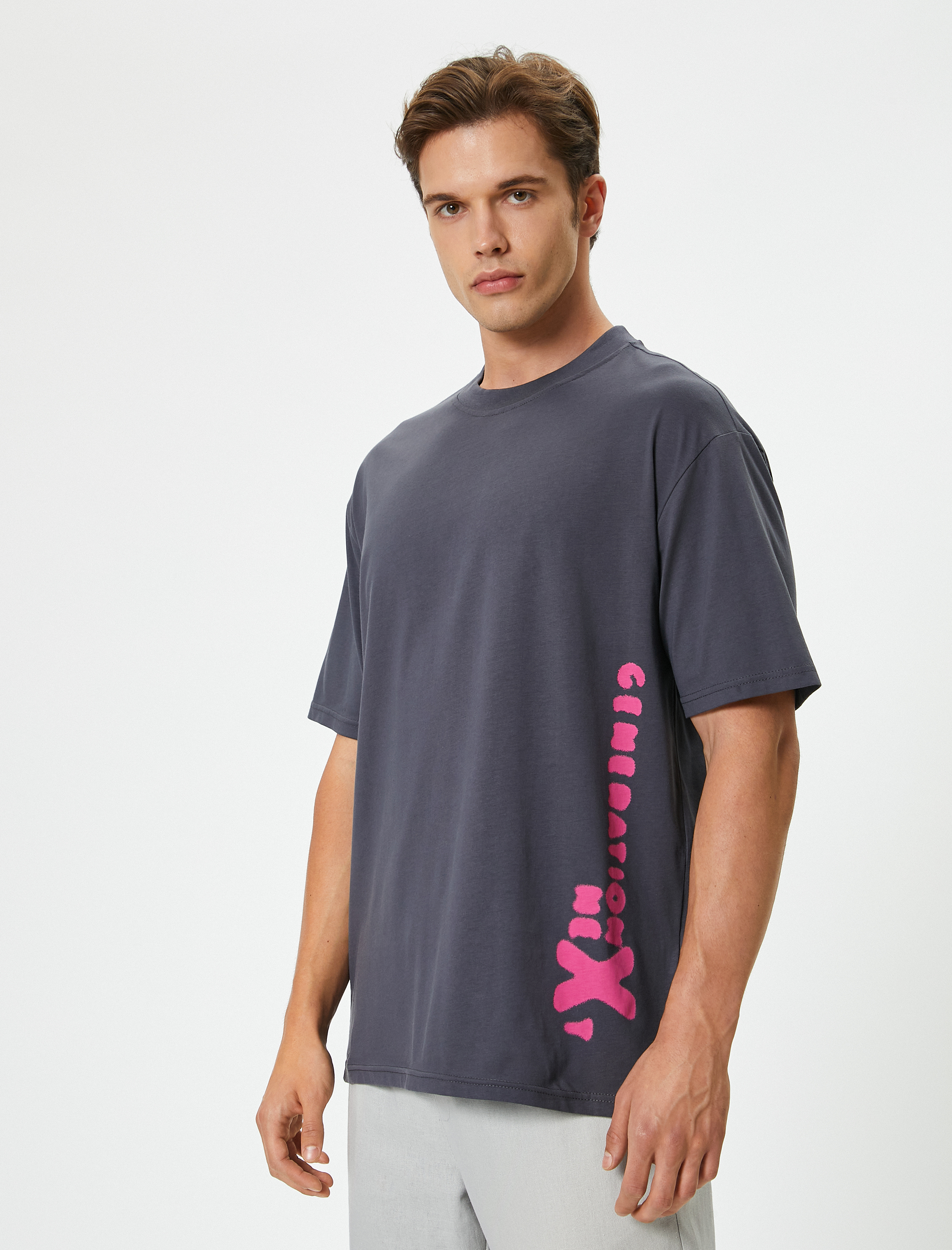   Önü ve Arkası Baskılı Tişört Kısa Kollu Bisiklet Yaka Pamuklu Rahat Kalıp