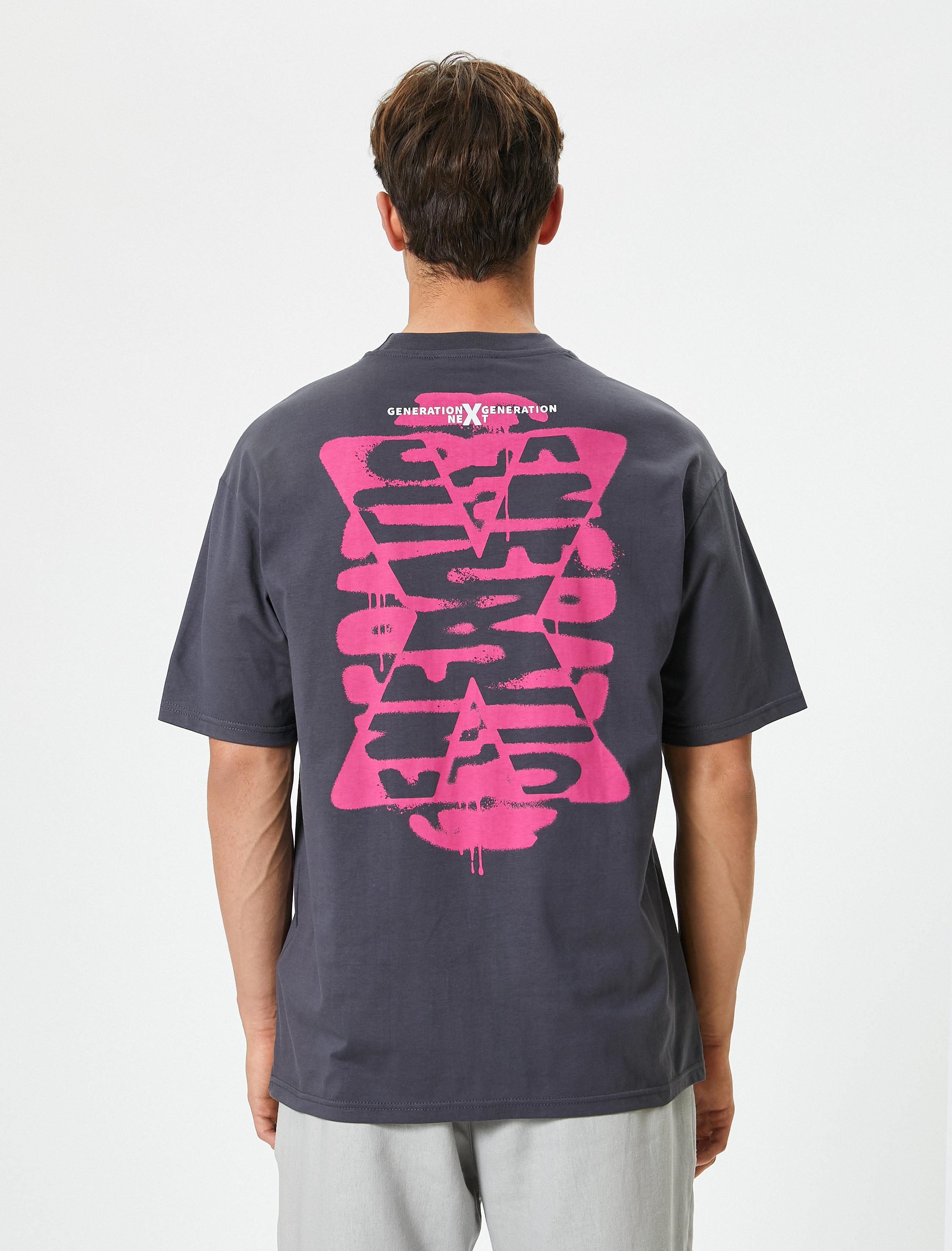   Önü ve Arkası Baskılı Tişört Kısa Kollu Bisiklet Yaka Pamuklu Rahat Kalıp