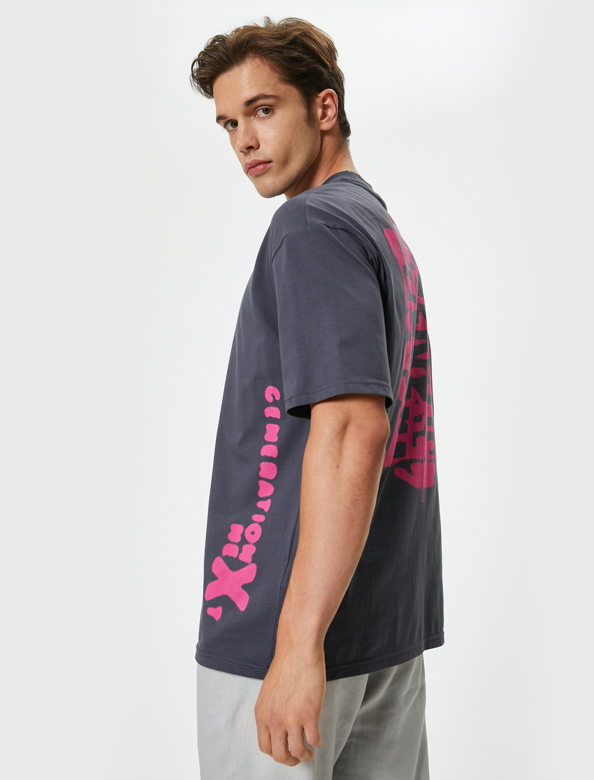   Önü ve Arkası Baskılı Tişört Kısa Kollu Bisiklet Yaka Pamuklu Rahat Kalıp