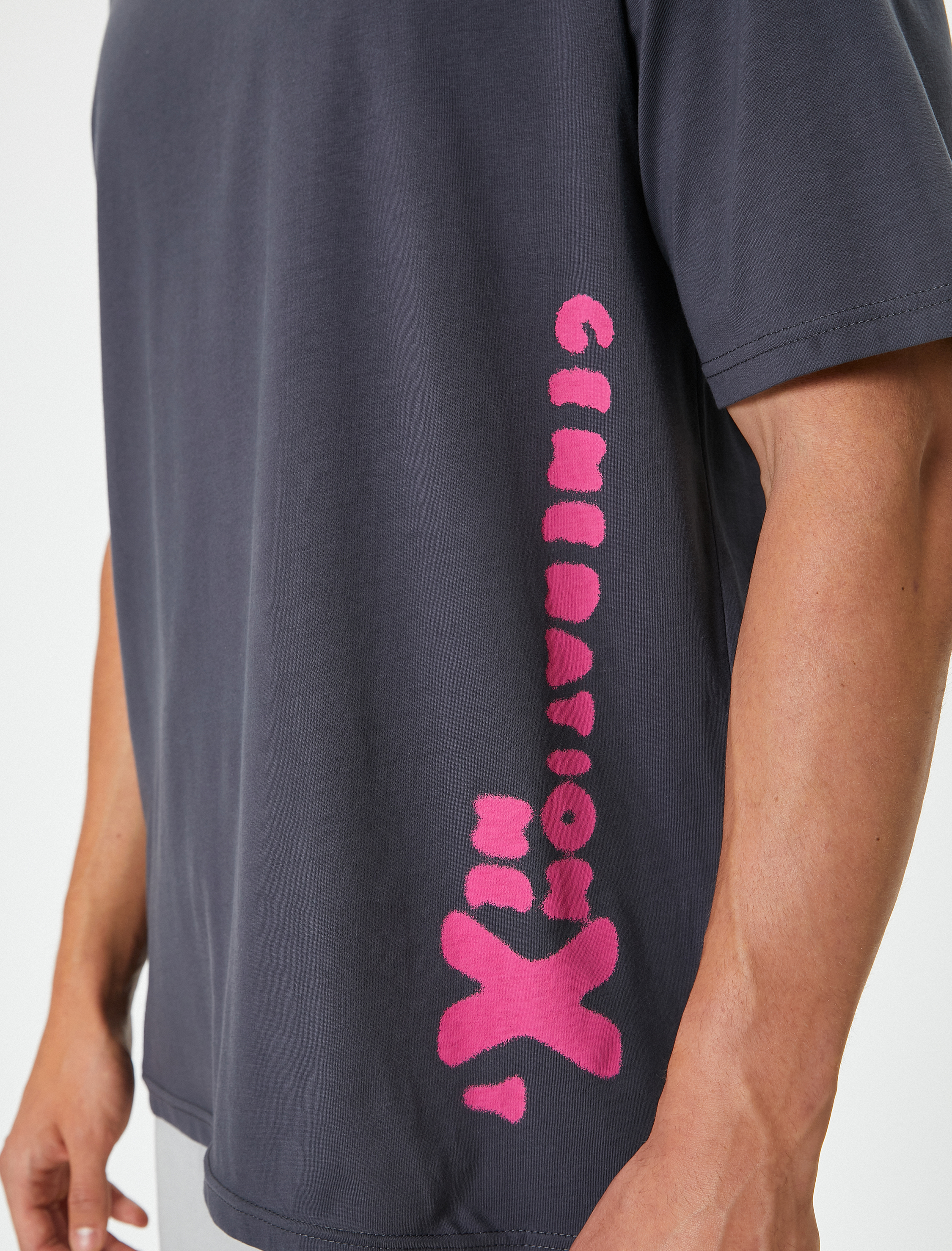   Önü ve Arkası Baskılı Tişört Kısa Kollu Bisiklet Yaka Pamuklu Rahat Kalıp