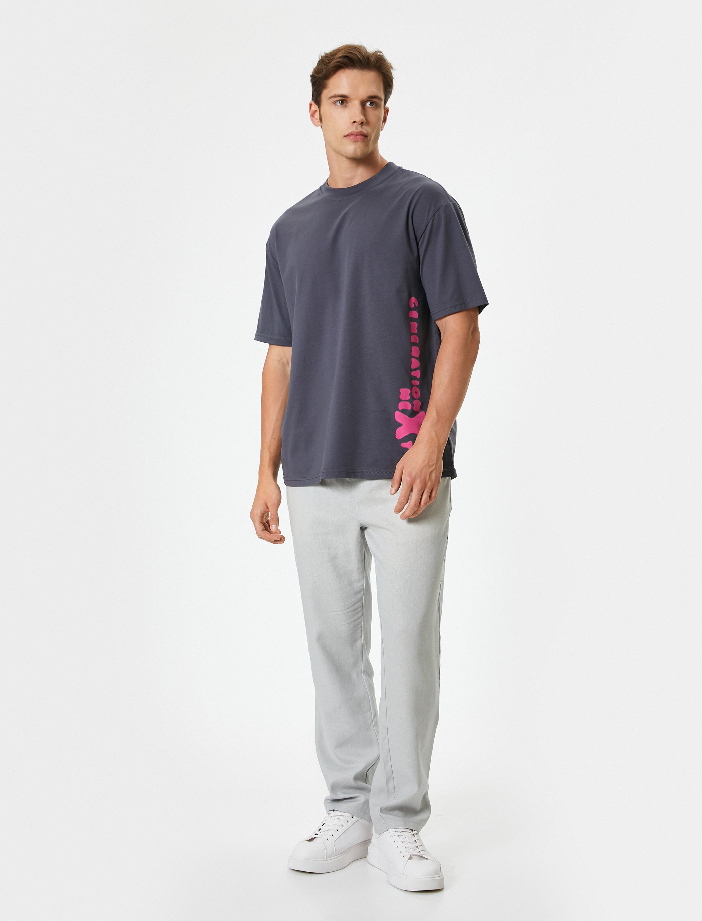   Önü ve Arkası Baskılı Tişört Kısa Kollu Bisiklet Yaka Pamuklu Rahat Kalıp