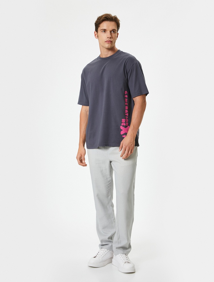  Önü ve Arkası Baskılı Tişört Kısa Kollu Bisiklet Yaka Pamuklu Rahat Kalıp