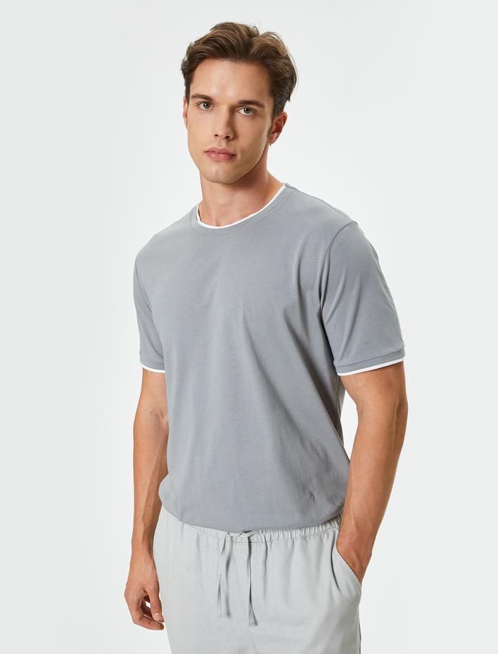  Bisiklet Yaka Kısa Kollu Renk Kontrast Detaylı Pamuklu Basic Tişört