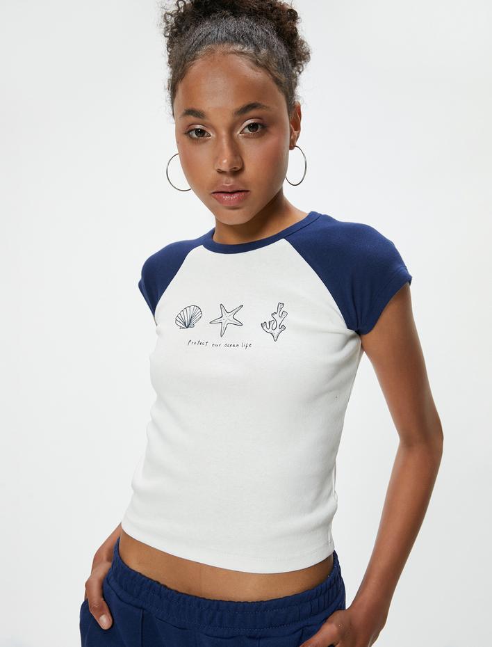  Baskılı Tişört Bisiklet Yaka Kaşkorse Reglan Kollu Slim Fit