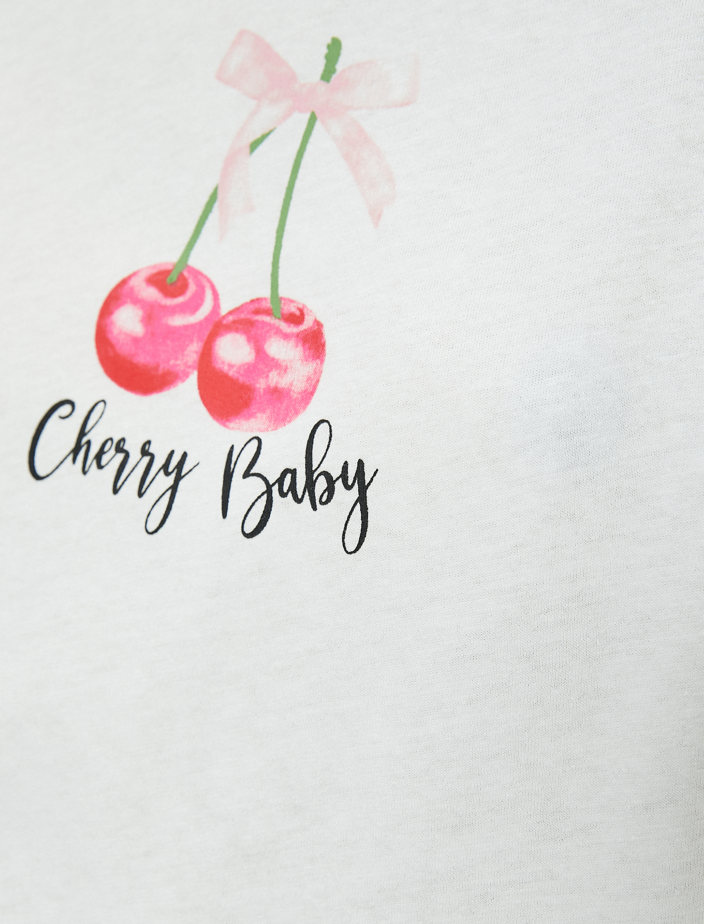   Crop Tişört Fiyonk Detaylı Kiraz Baskılı Bisiklet Yaka Kısa Kollu