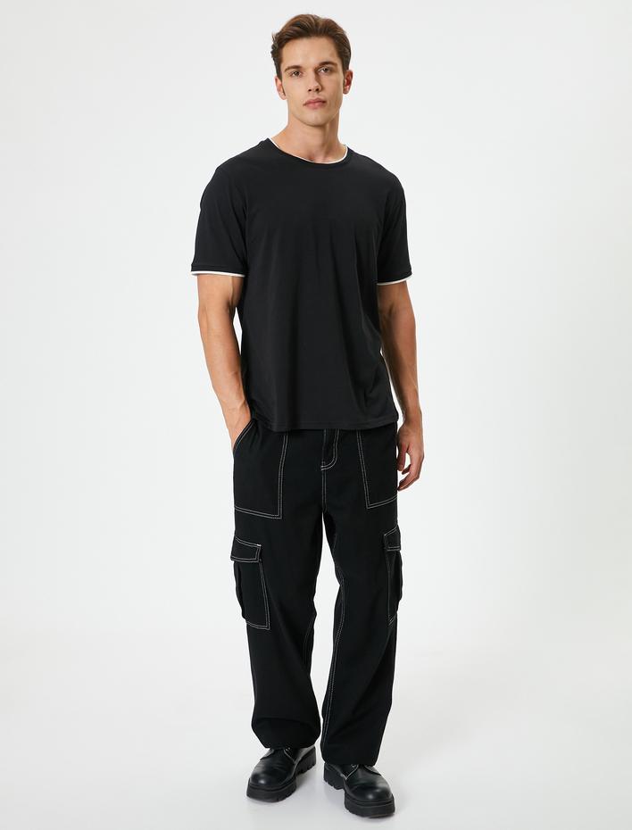  Bisiklet Yaka Kısa Kollu Renk Kontrast Detaylı Pamuklu Basic Tişört