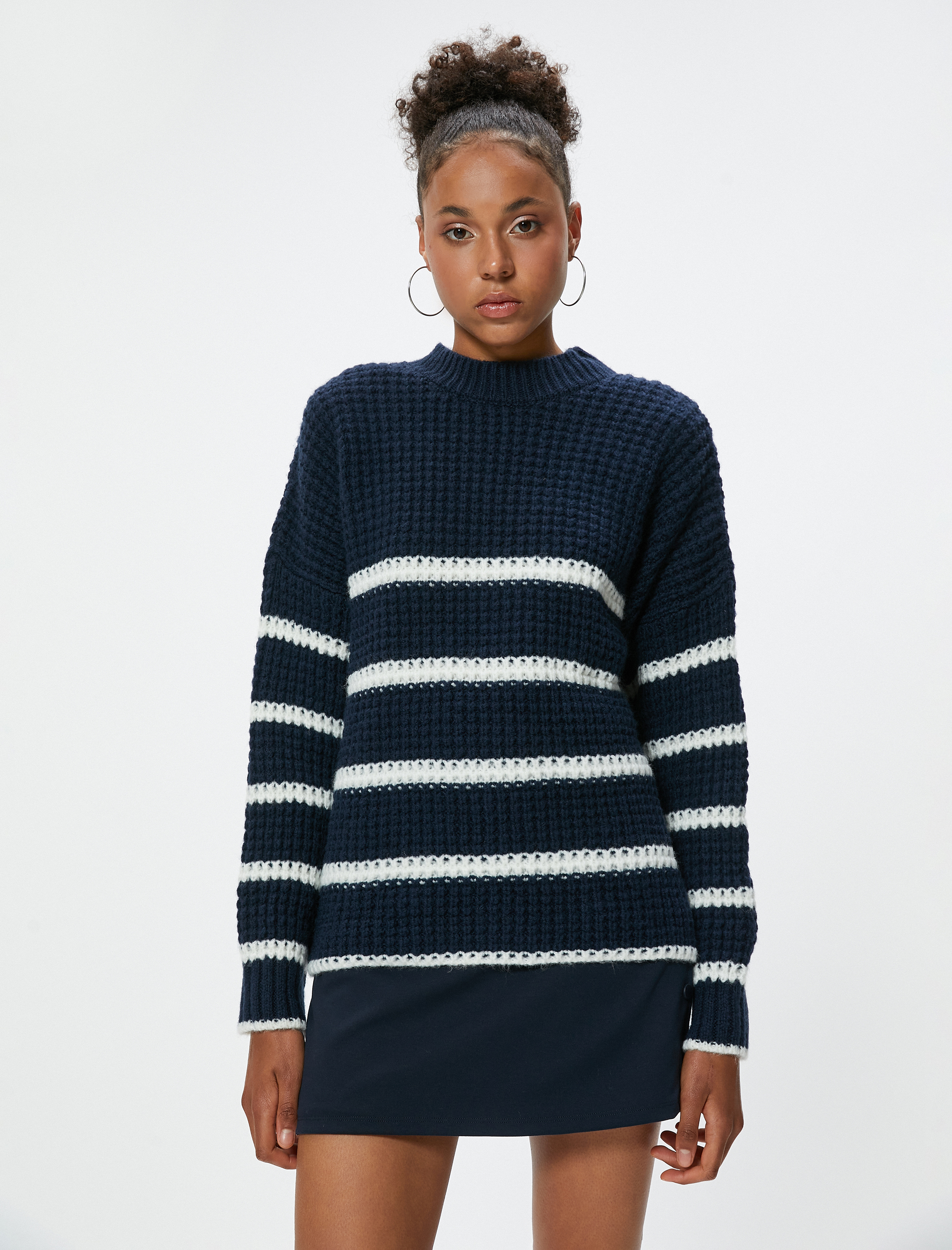   Bisiklet Yaka Triko Kazak Dokulu Şerit Desenli