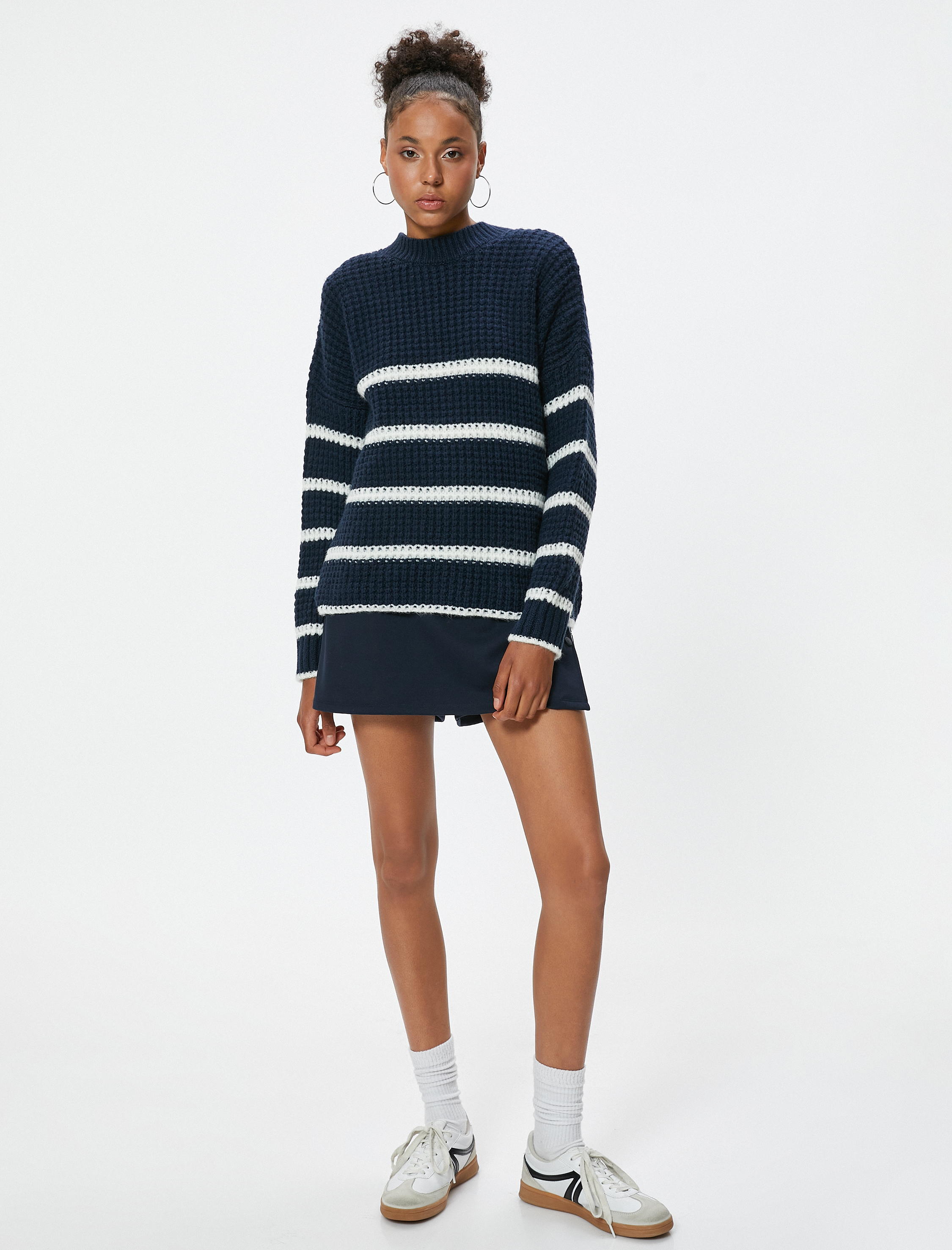   Bisiklet Yaka Triko Kazak Dokulu Şerit Desenli