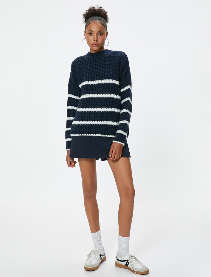  Bisiklet Yaka Triko Kazak Dokulu Şerit Desenli