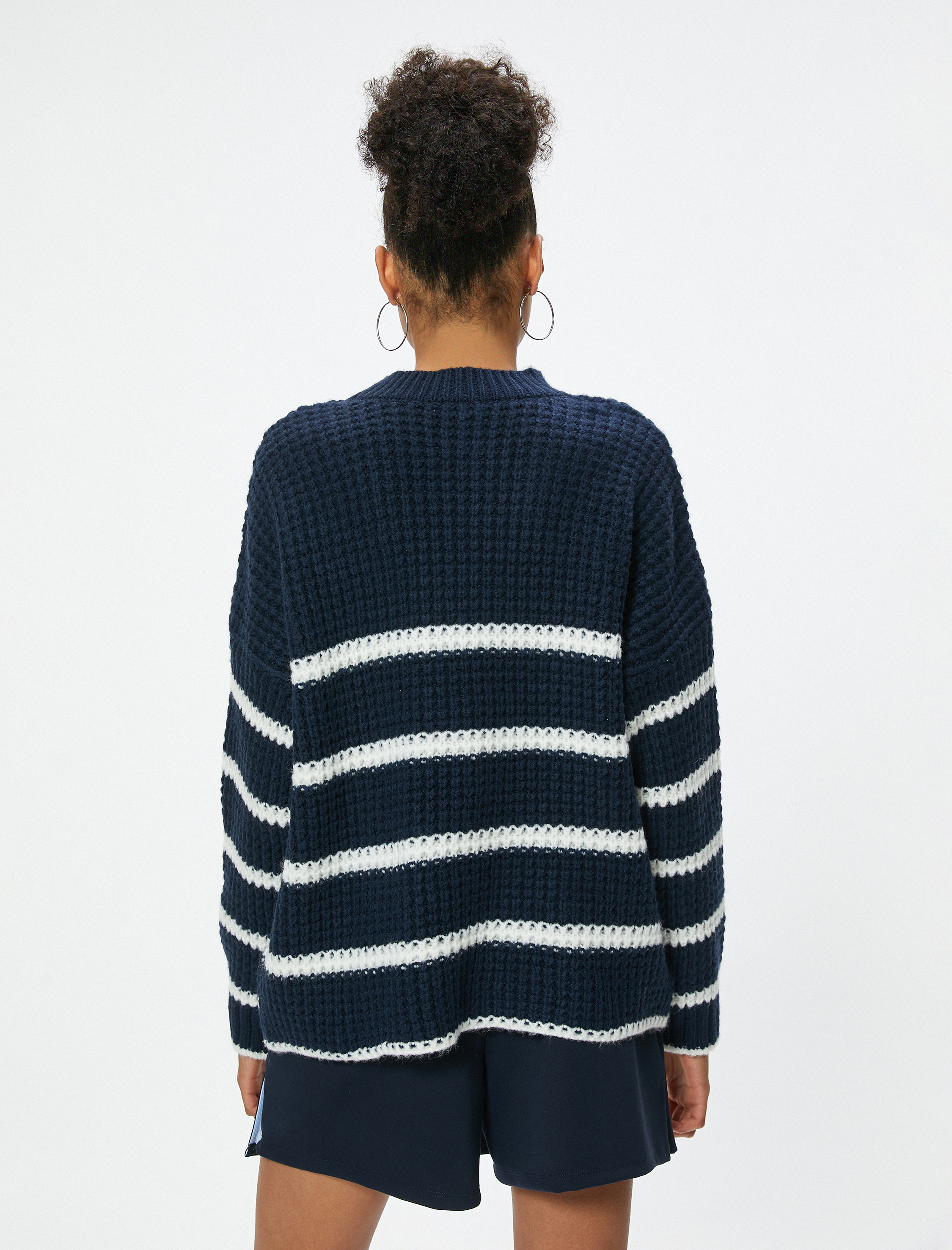   Bisiklet Yaka Triko Kazak Dokulu Şerit Desenli