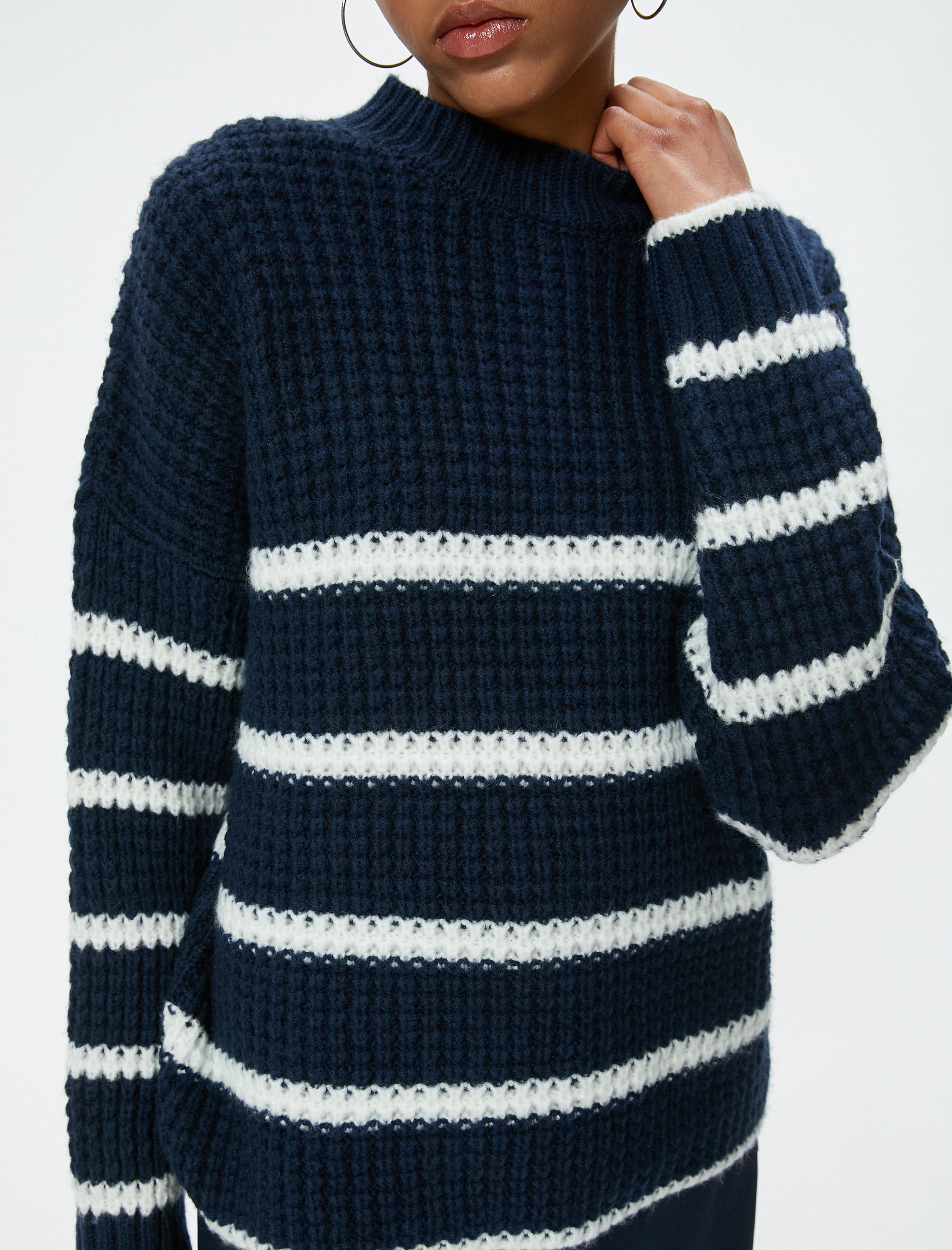   Bisiklet Yaka Triko Kazak Dokulu Şerit Desenli