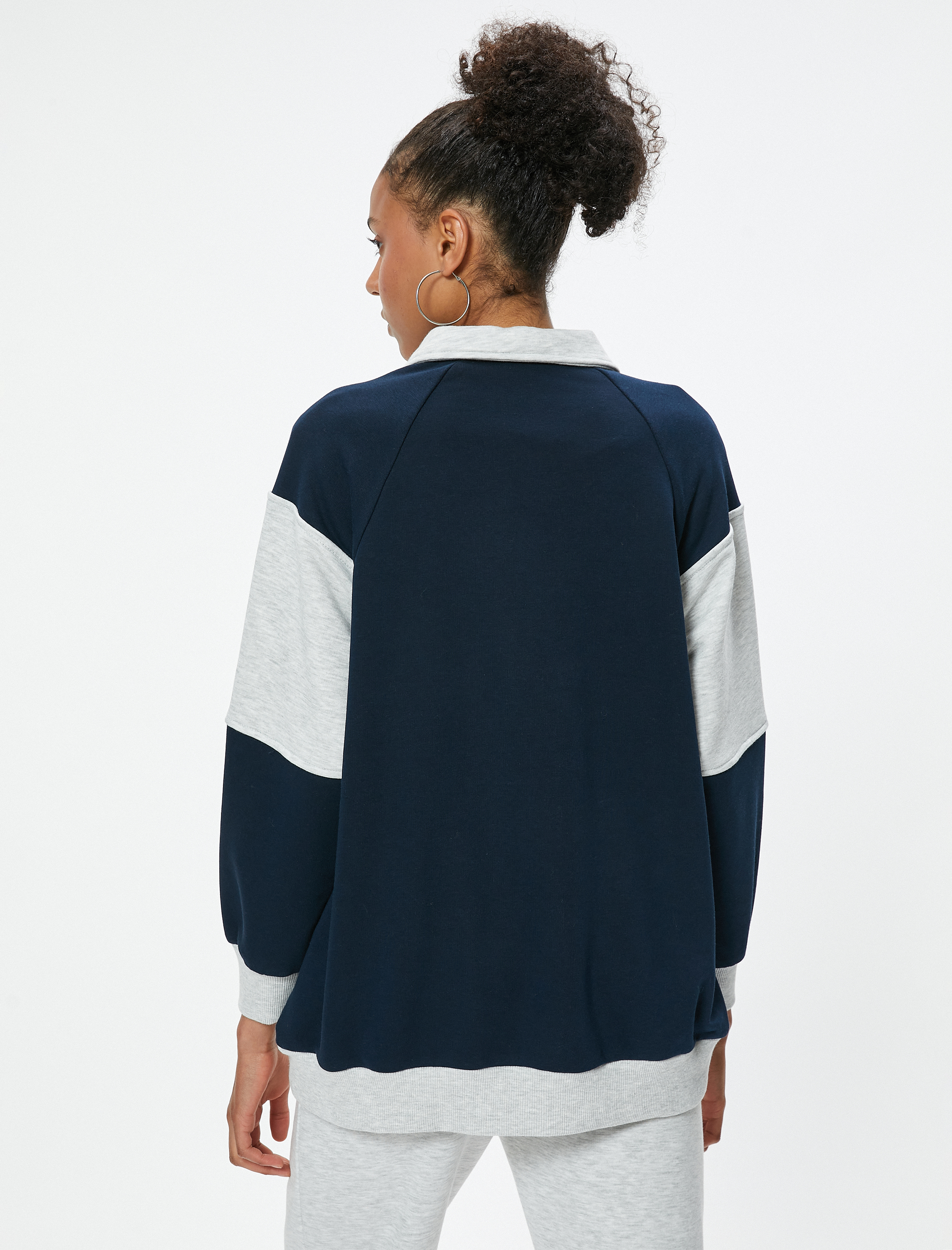   Oversize Polo Yaka Kolej Baskılı Düğmeli Sweatshirt