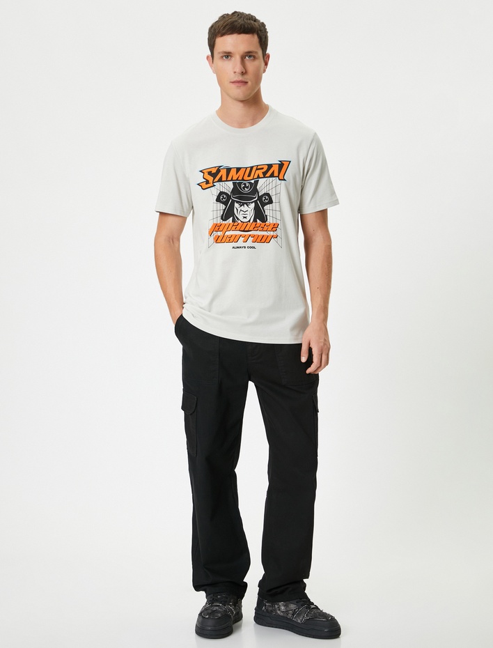 Samuray Baskılı Tişört Kısa Kollu Bisiklet Yaka Pamuklu Regular Fit