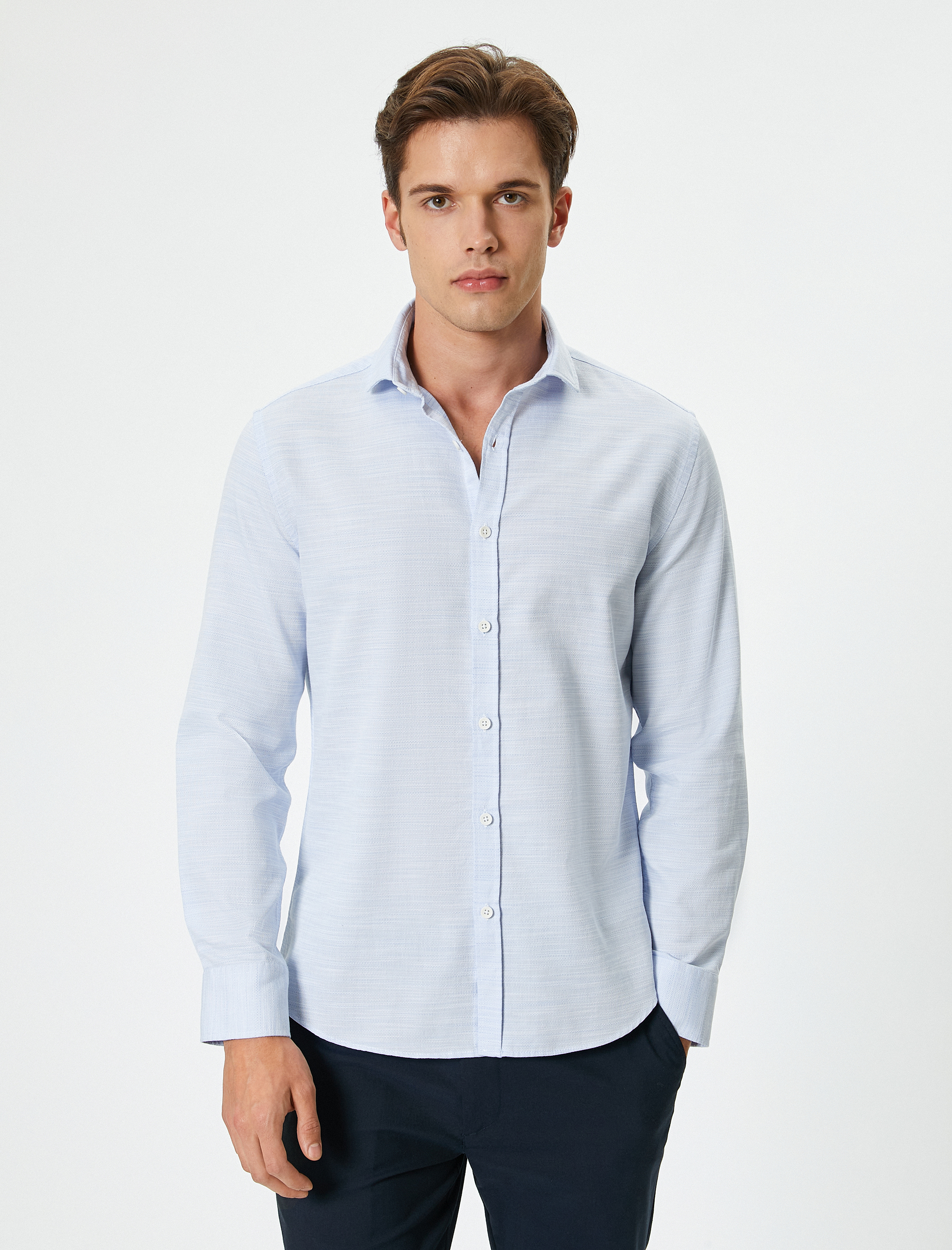   Klasik Yaka Düğmeli Pamuklu Uzun Kollu Slim Fit Gömlek