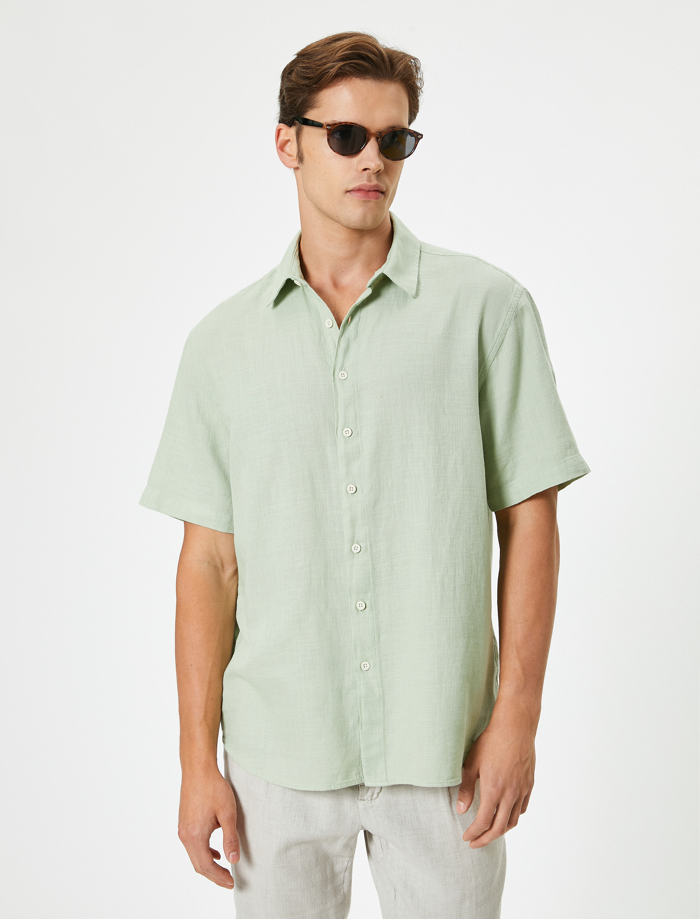   Yazlık Gömlek Kısa Kollu Klasik Yaka Düğmeli Pamuklu Regular Fit