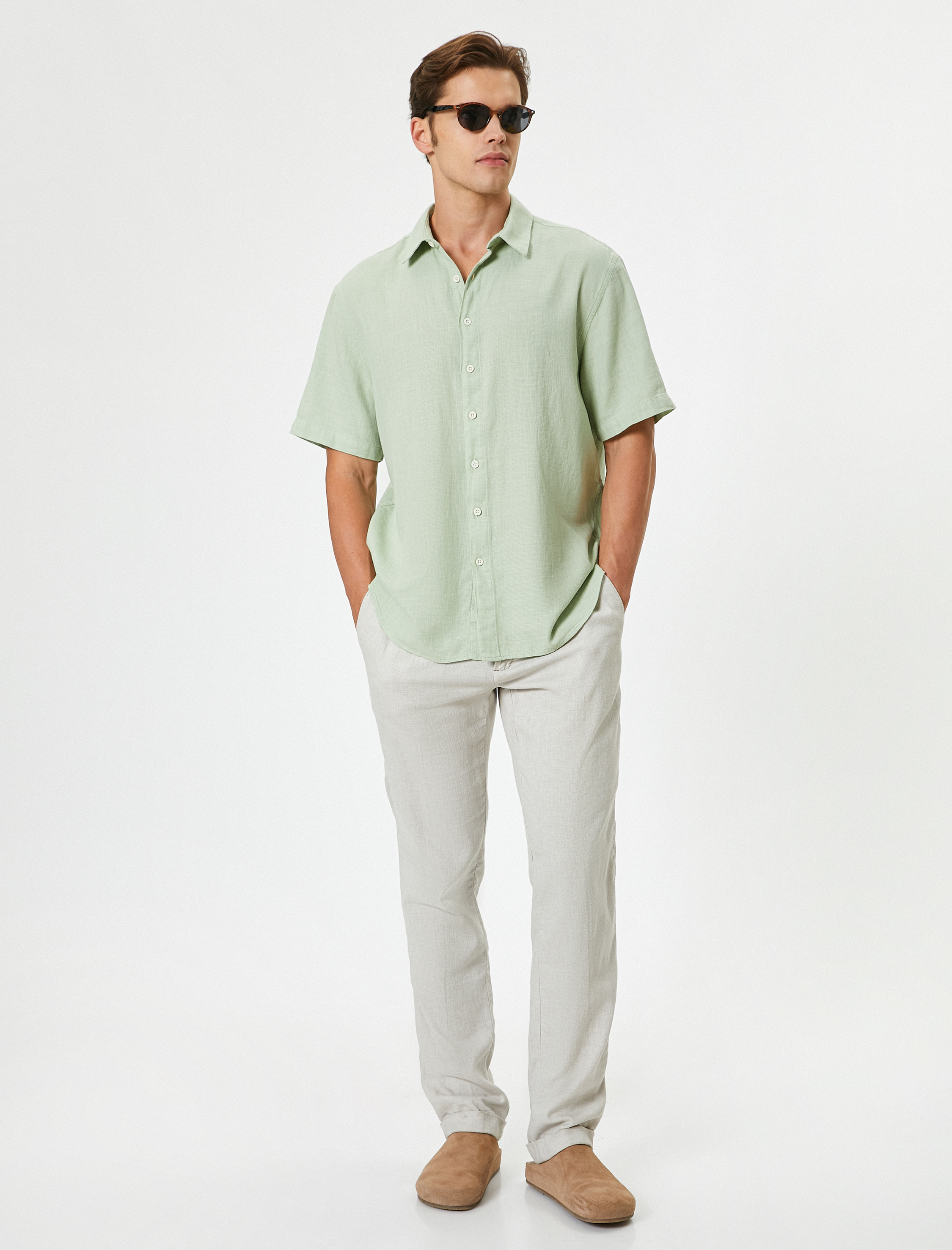   Yazlık Gömlek Kısa Kollu Klasik Yaka Düğmeli Pamuklu Regular Fit