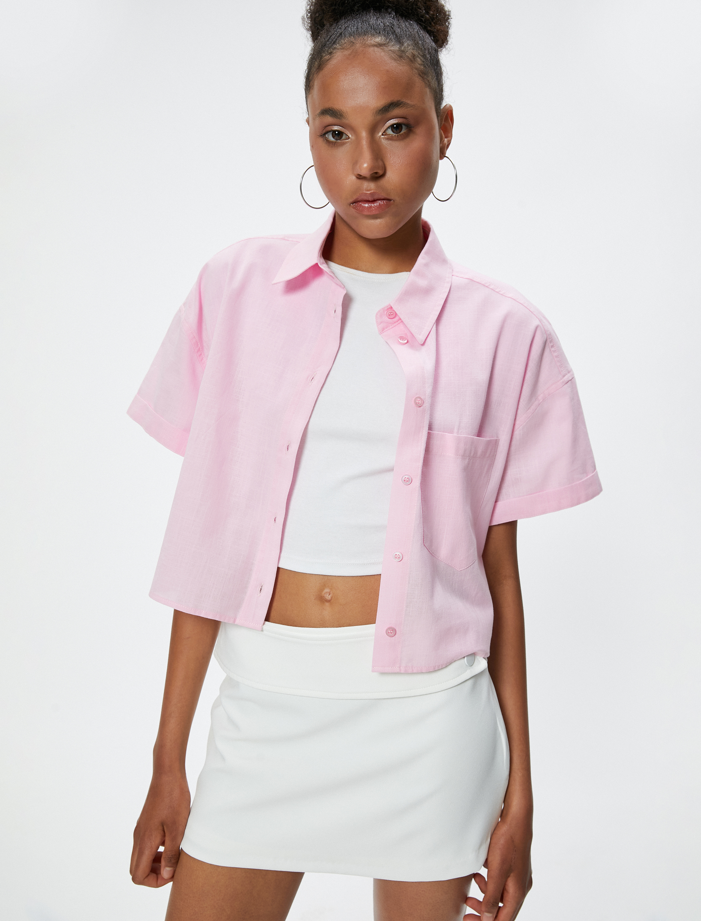   Kısa Kollu Gömlek Cep Detaylı Klasik Yaka Pamuklu