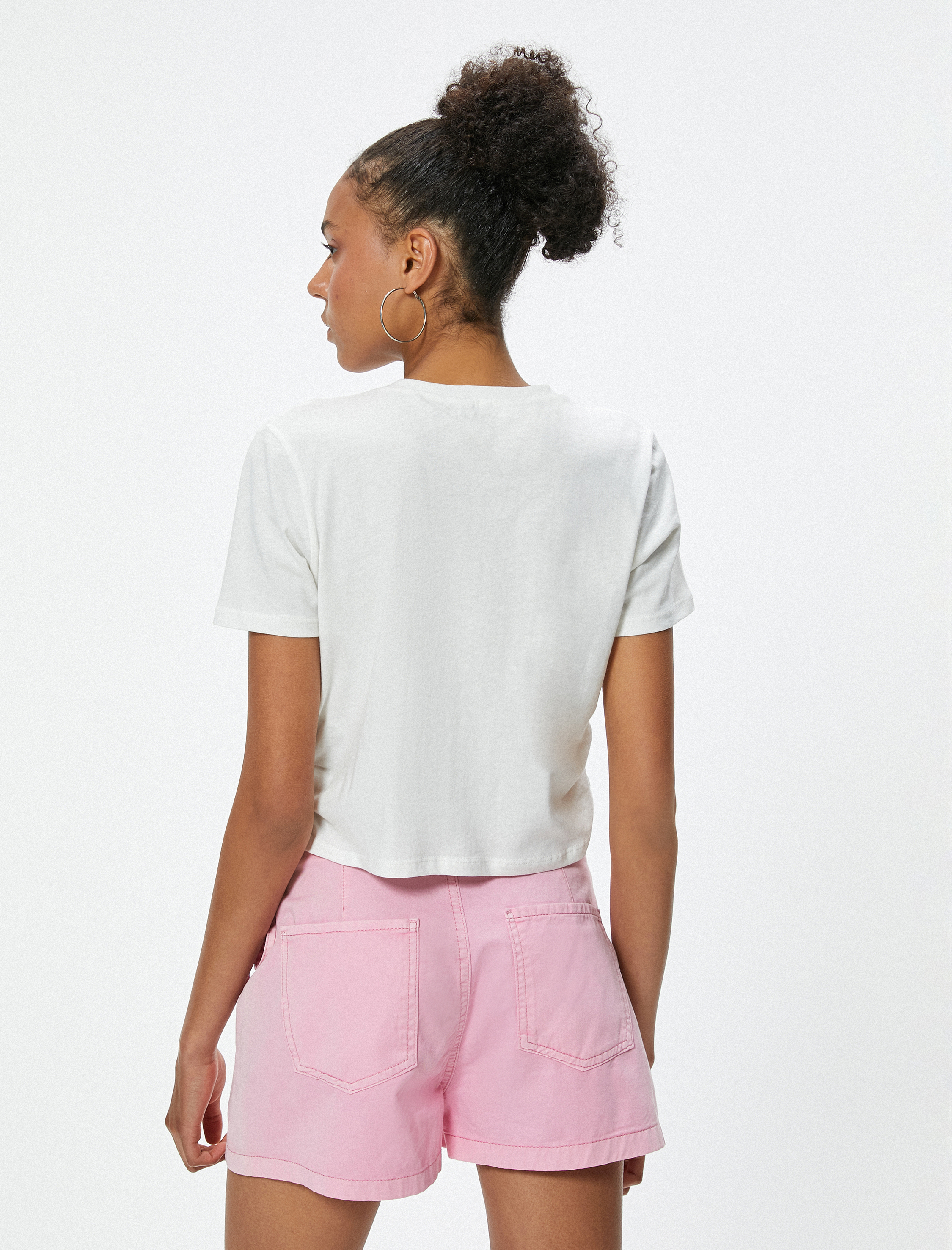   Crop Tişört Fiyonk Detaylı Bisiklet Yaka Slim Fit