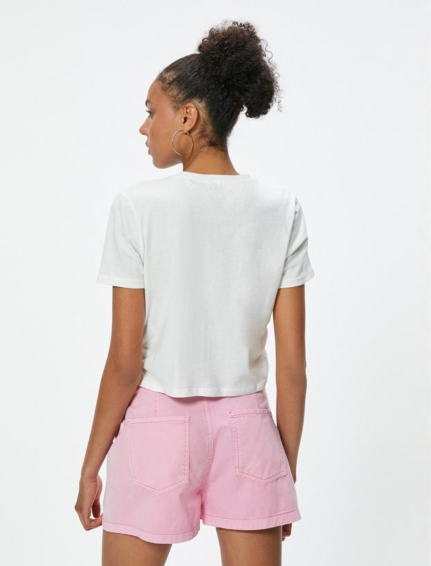 Crop Tişört Fiyonk Detaylı Bisiklet Yaka Slim Fit_3
