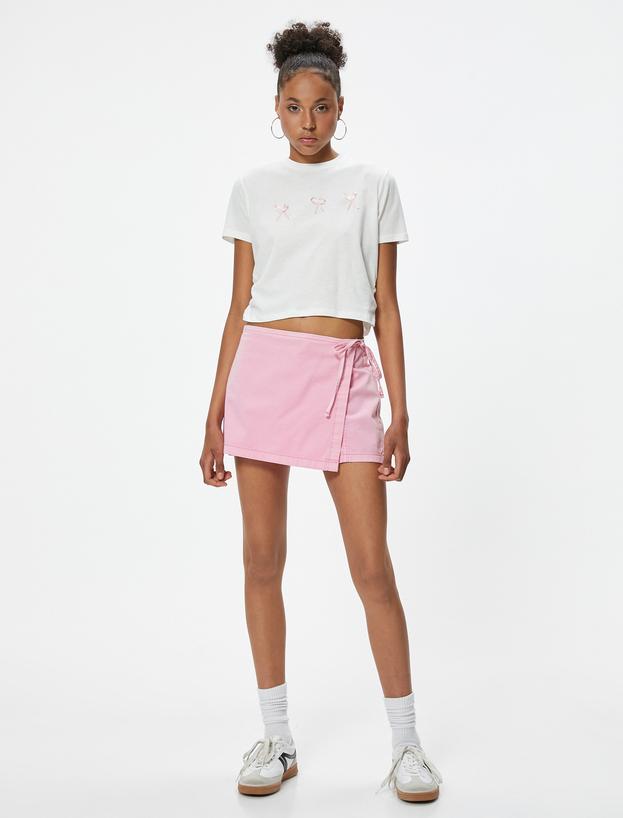 Crop Tişört Fiyonk Detaylı Bisiklet Yaka Slim Fit_0
