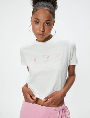 Crop Tişört Fiyonk Detaylı Bisiklet Yaka Slim Fit_1