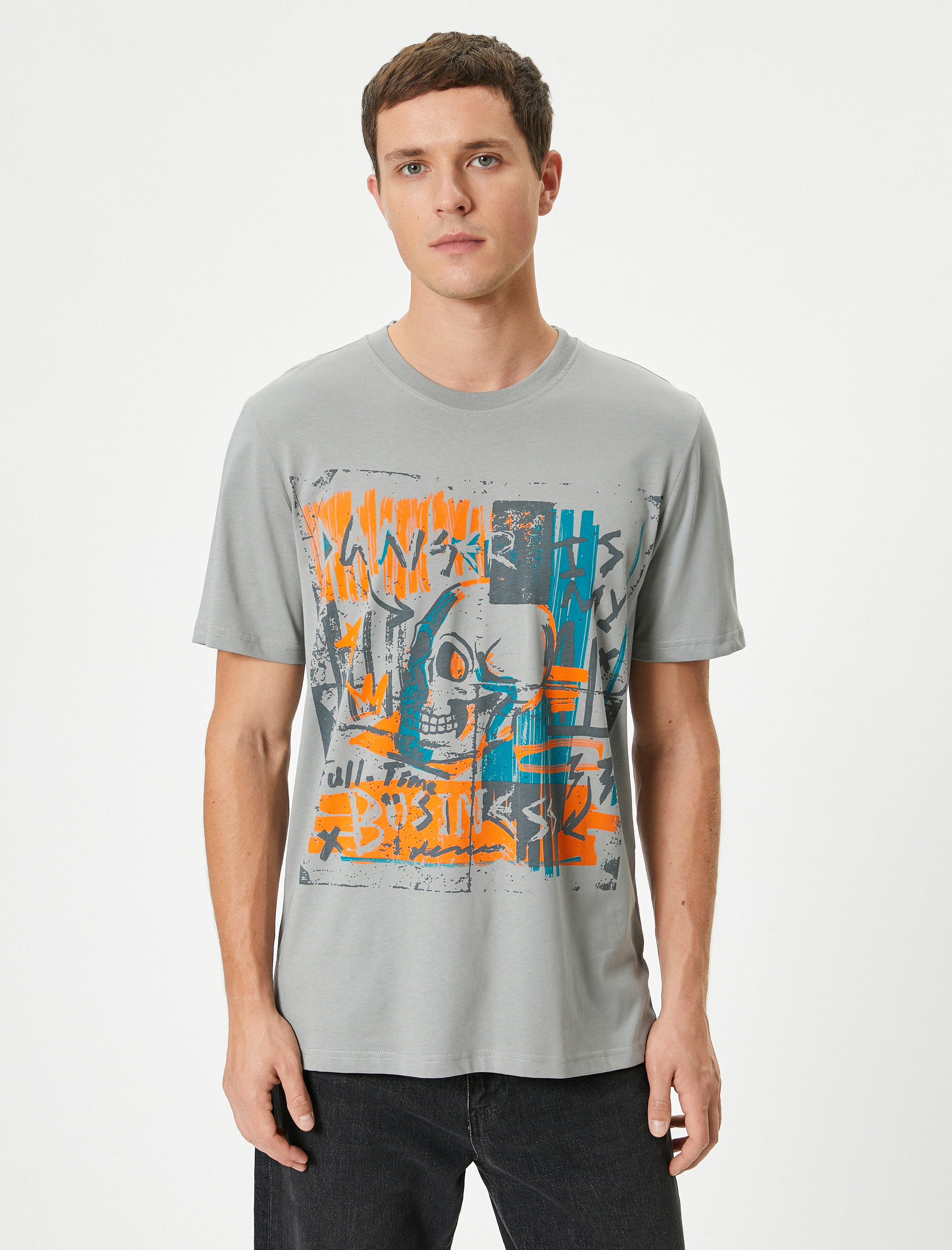   Kurukafa Grafiti Baskılı Tişört Kısa Kollu Bisiklet Yaka Pamuklu