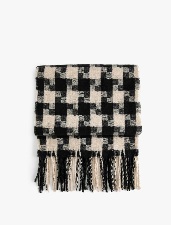 Kadın Atkı Kazayağı Desenli Püsküllü Yumuşak Dokulu