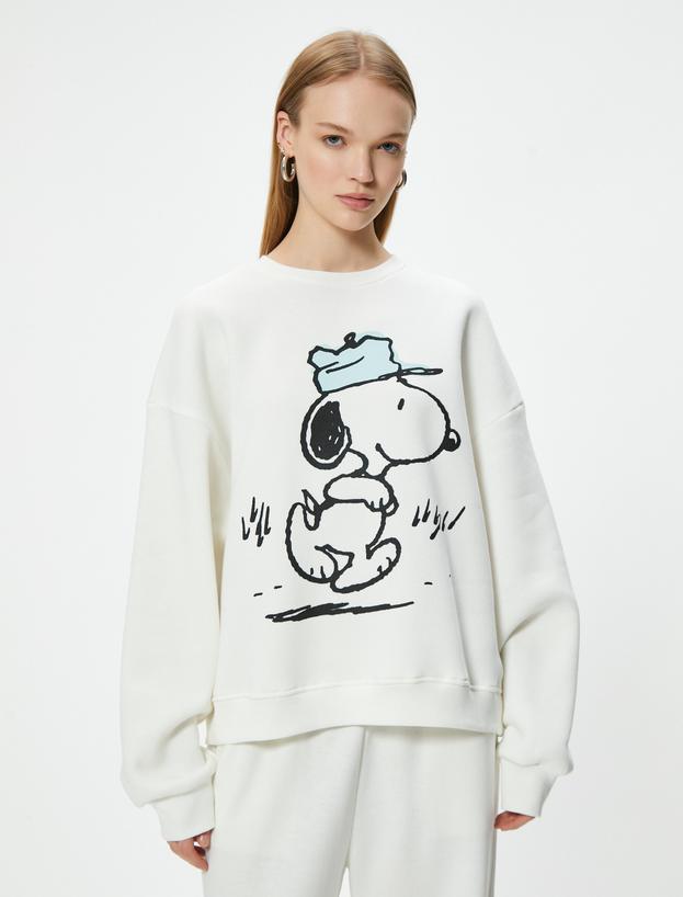 Snoopy Oversize Sweatshirt Lisanslı Baskılı Bisiklet Yaka_2