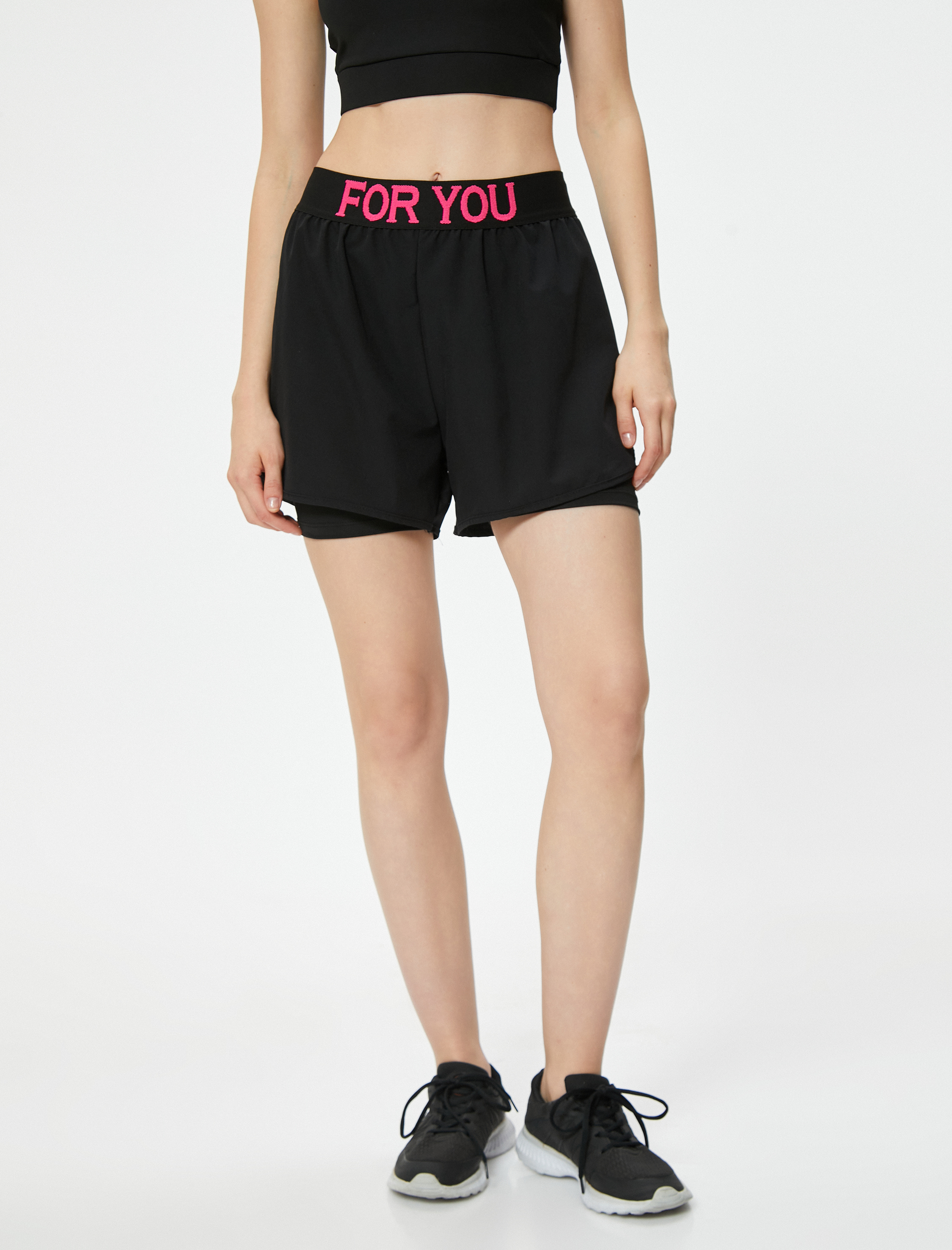   Slim Fit Slogan Baskılı Beli Lastikli Spor Şort