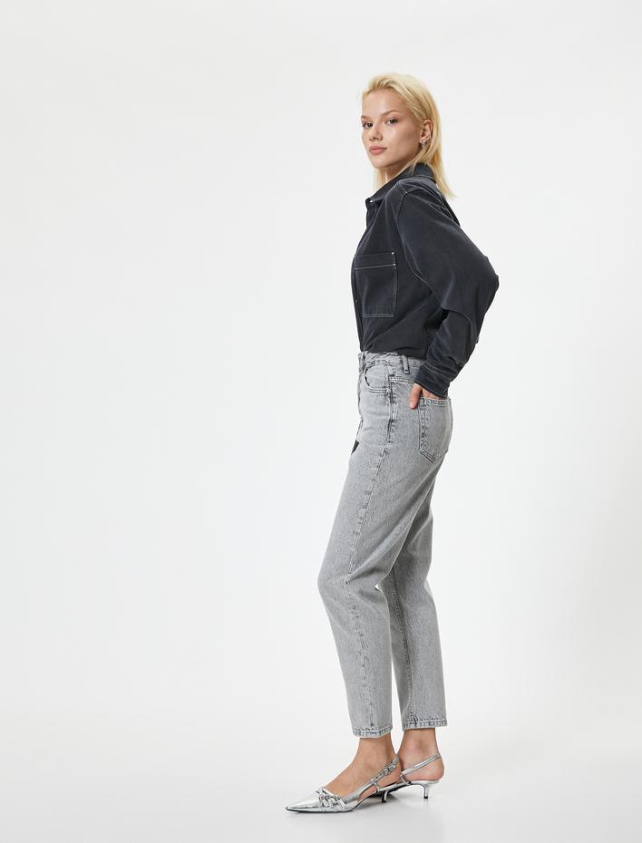  Yüksek Bel Kot Pantolon Düz Paça Cepli - Mom Jean