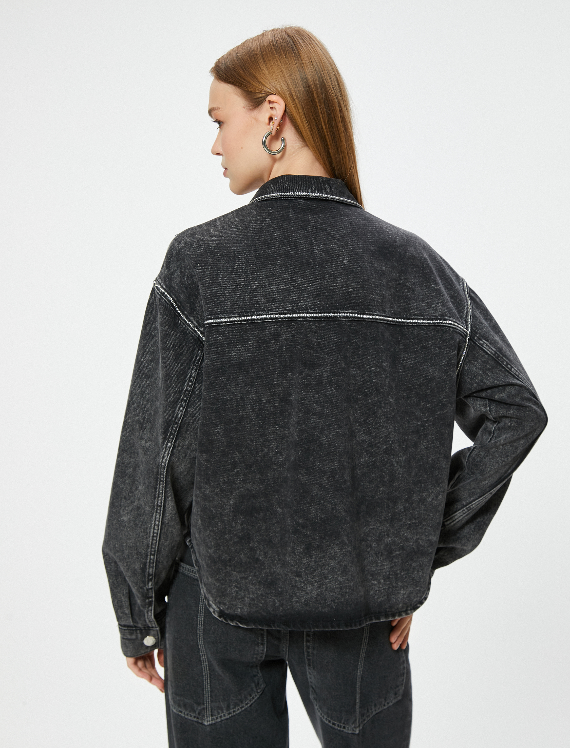 Oversize Taşlı Kot Ceket Cep Detaylı Düğmeli