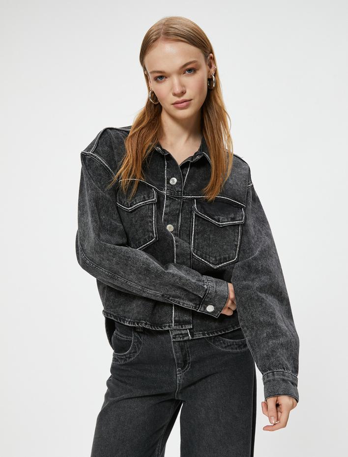  Oversize Taşlı Kot Ceket Cep Detaylı Düğmeli